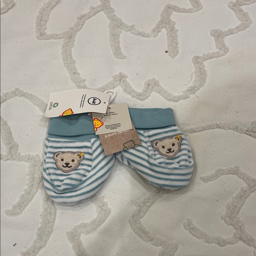 Cute Blue Striped Mittens with Bear Design